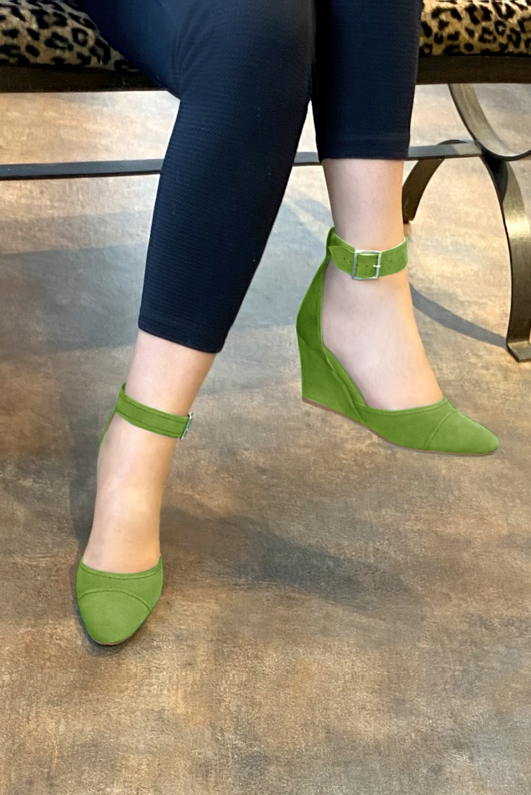 Grass green women's open side shoes, with a strap around the ankle. Round toe. High wedge heels. Worn view - Florence KOOIJMAN